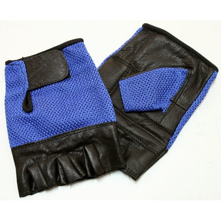 Finger Assault Gloves - Perrini Leather Finger Less Gloves Work Training & Lifting Blue All Sizes S-XXL