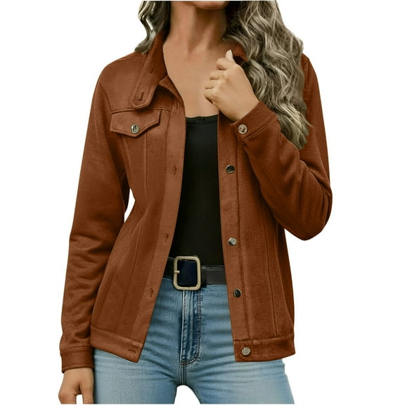 Gpaecead Women's Short Faux Suede Leather Jacket - Cute Notch Lapel Faux Pu Moto Style Coat Brown