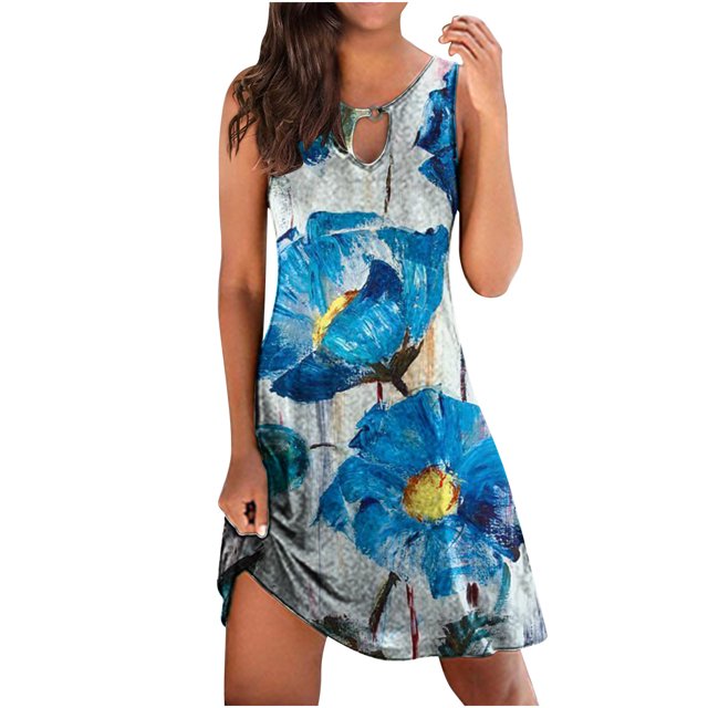 RKSTN Robe d'Été pour Femmes, Mode Féminine Imprimée Confortable Sans Manches Décontractée Robe de Plage Grande Taille