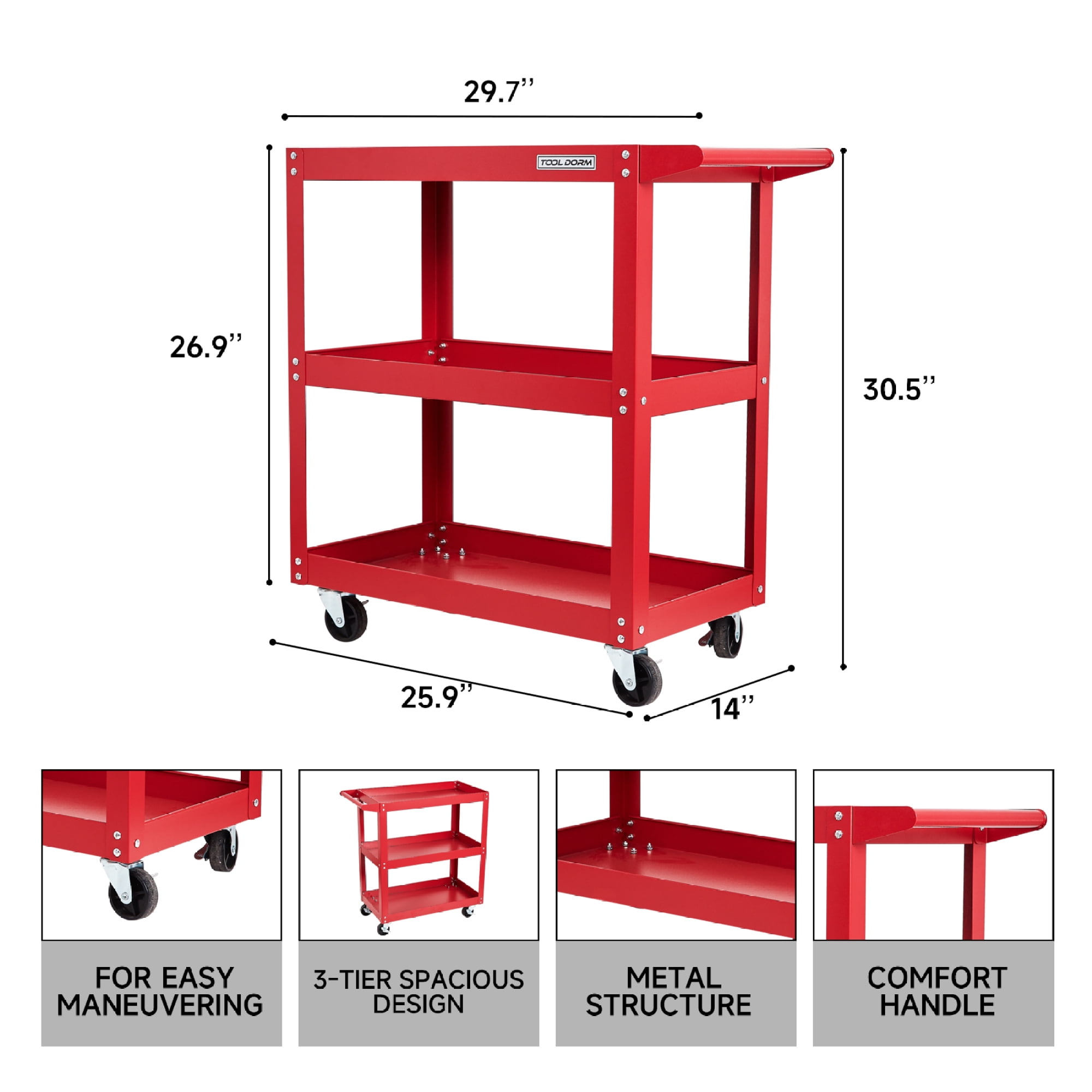 Leumius 3-Tier Rolling Tool Cart Utility Cart on Wheels, 450 lb Heavy Duty Rolling Tool Cart for Warehouse, Garage, Red
