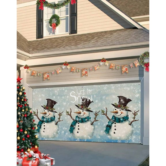 Garage Door Banner Cover 6 x 13 ft, Christmas Cartoon Snowman with Snowflakes Ombre Blue Christmas Garage Door Decorations Holiday Christmas Backdrop Decor for Winter New Year Xmas Party