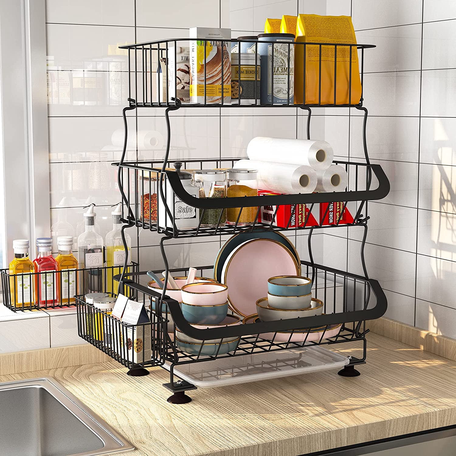3 Tier Fruit Basket, Stackable Metal Wire Basket Cart with Rolling Wheels