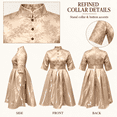 thumbnail image 5 of Women Champagne Stand Collar Button Front Floral Print A-Line Midi Dress Puff Short Sleeve Formal Party Dresses, 5 of 6
