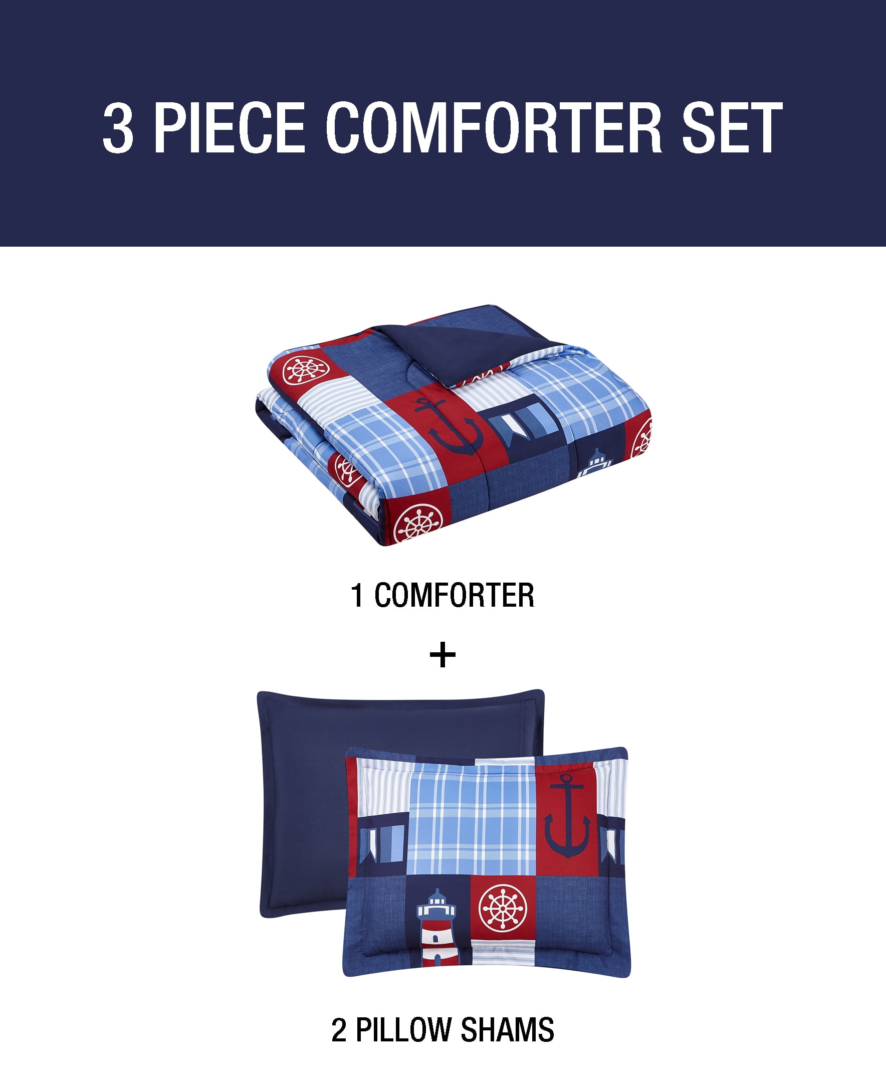 HOME RETREAT Nautical Patch Blue Ultra Soft Microfiber 3 Piece Comforter Bedding Set - King