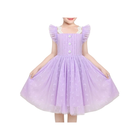 Girls Dress Purple Butterfly Pearl Lace V Back Fly Sleeve Tulle Party 6 Years