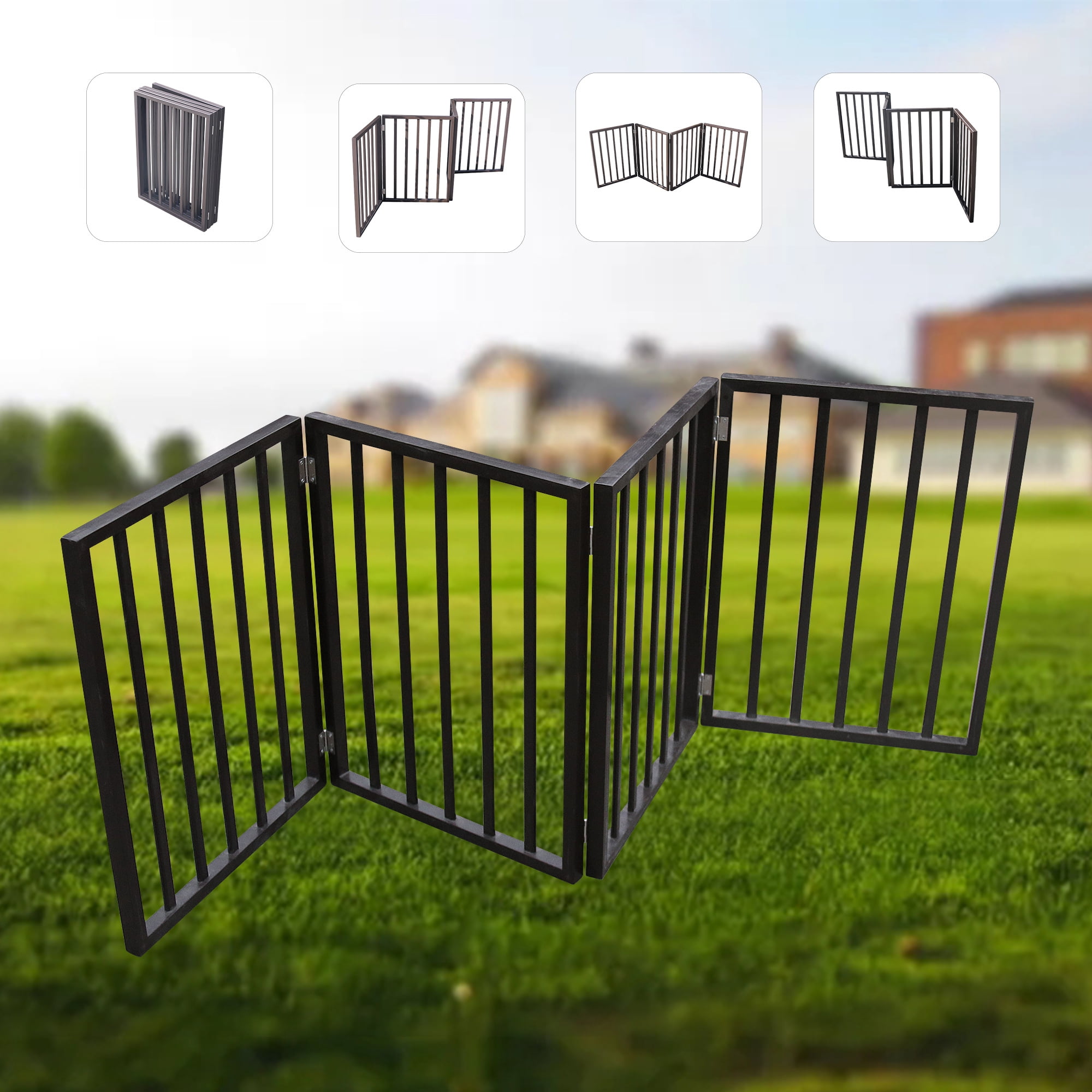 Cfowner Dog Gate for Doorways, Wooden Indoor Dog Fence, 4 Panel, Dark Brown, 24"H