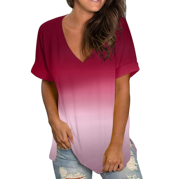 Fiudx Camisas de Mujer Blusa con Estampado Degradado a La Moda para Mujer, Camisetas Holgadas de Manga Corta con Cuello En V