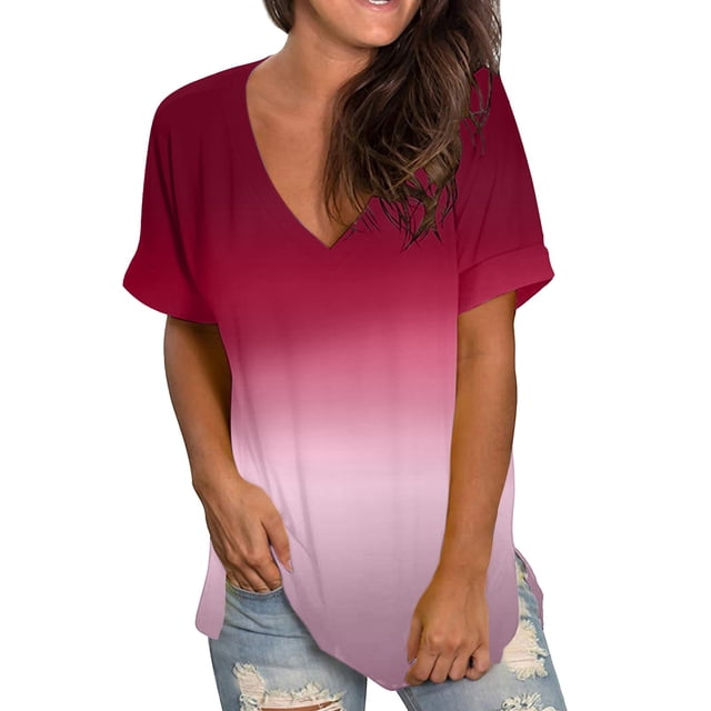 Jsaierl Hauts d'Été pour Femmes, T-Shirt à Col en V pour Femmes Mode Décontractée Manches Courtes Grande Taille Hauts Dégradé Blouse Tunique à Col en V