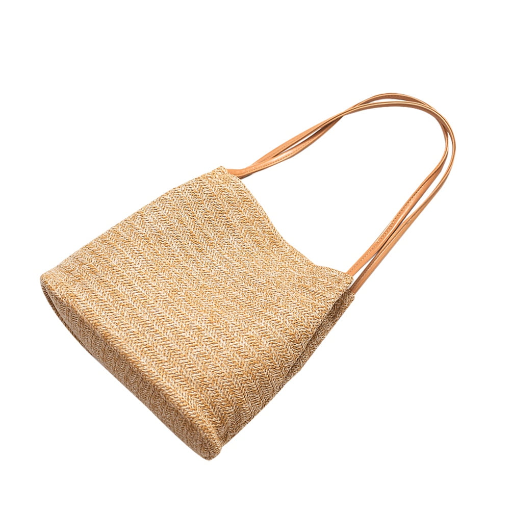 Knitted Bag Handmade Straw Bag Bucket Bag Shoulder Bag (Dark Beige