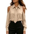 thumbnail image 6 of Cold Shoulder Shirts for Womens Solid Color Turndown Collar Casual Shirt Long Sleeve Dressy Top with Tie Beige L, 6 of 9