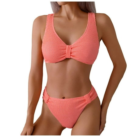 GEWSEY V Neck Push Up Swimsuit Padded High Waisted Ruched Bottom Two Piece Bikini Set Bathing Suit for Women Watermelon Red  M