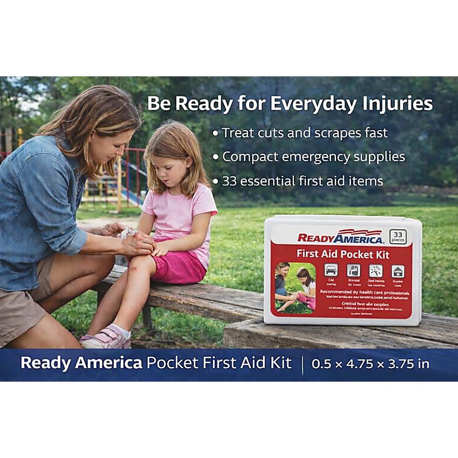 (4 pack) 33 Piece First Aid Pocket Kit, Ready America, approximate kit dimensions: 3.75 in. x 4.75 in. x .50 in.