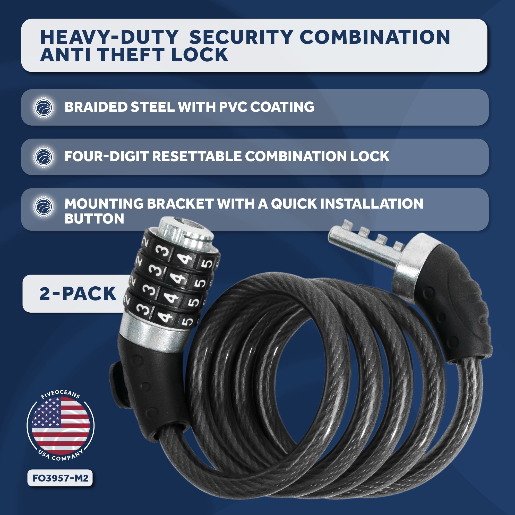 Bike Lock Cable, Combination Anti Theft Bike Locks Heavy Duty, Security Resettable Bicycle Lock with Mounting Bracket, 4 Feet Long for Bike, Motorcycle, Bicycle, Door, Gate, Fence - FO3957