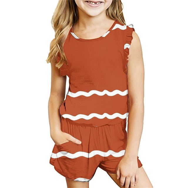 IFNWSV Ensembles d'Été pour Filles Mode Décontractée Sans Manches Col Rond Imprimé Shorts Ensembles 3-4 Ans