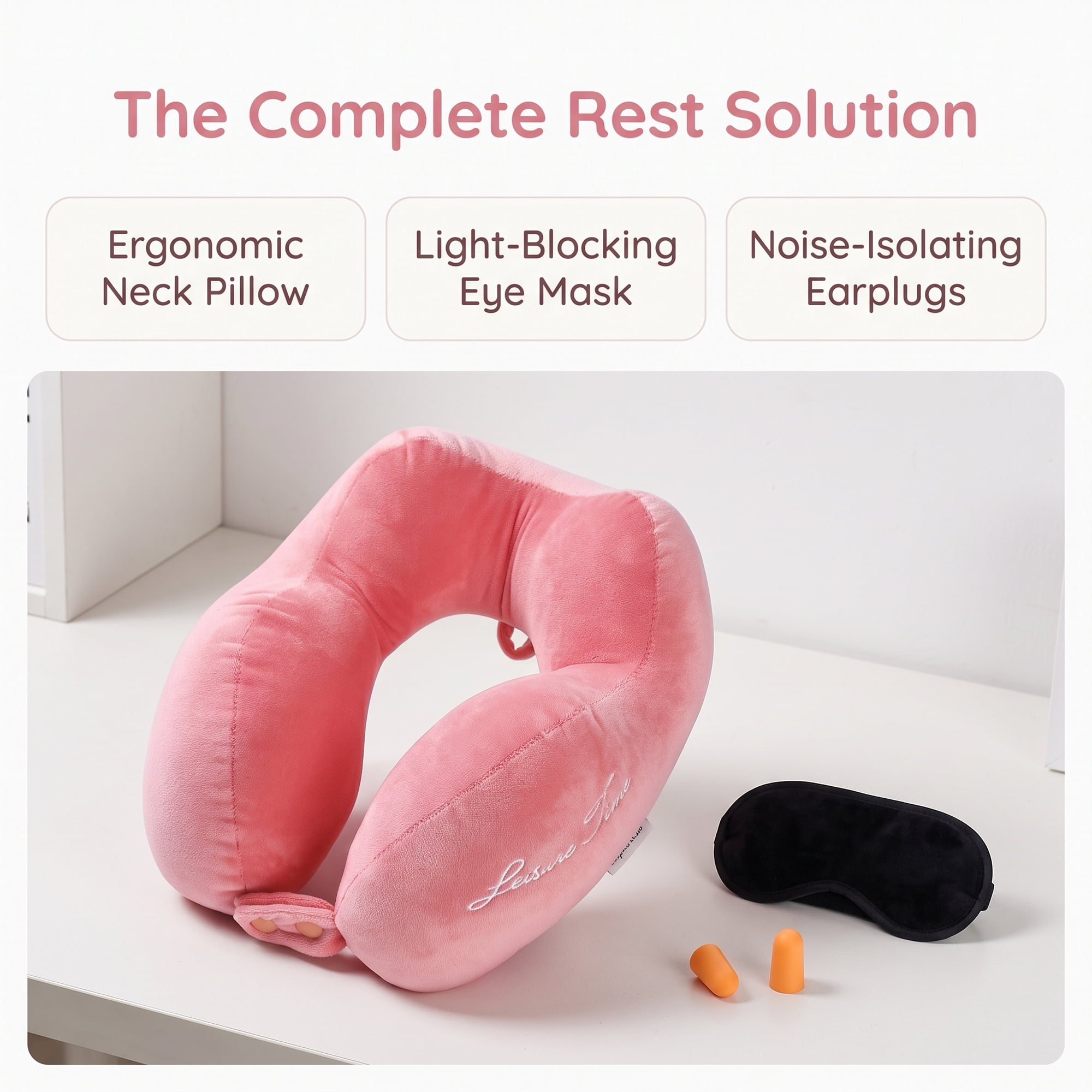 Unique Bargains PP Cotton U Shape Neck Pillow with Earplugs and Eye Mask Pink 11"x10"x4"