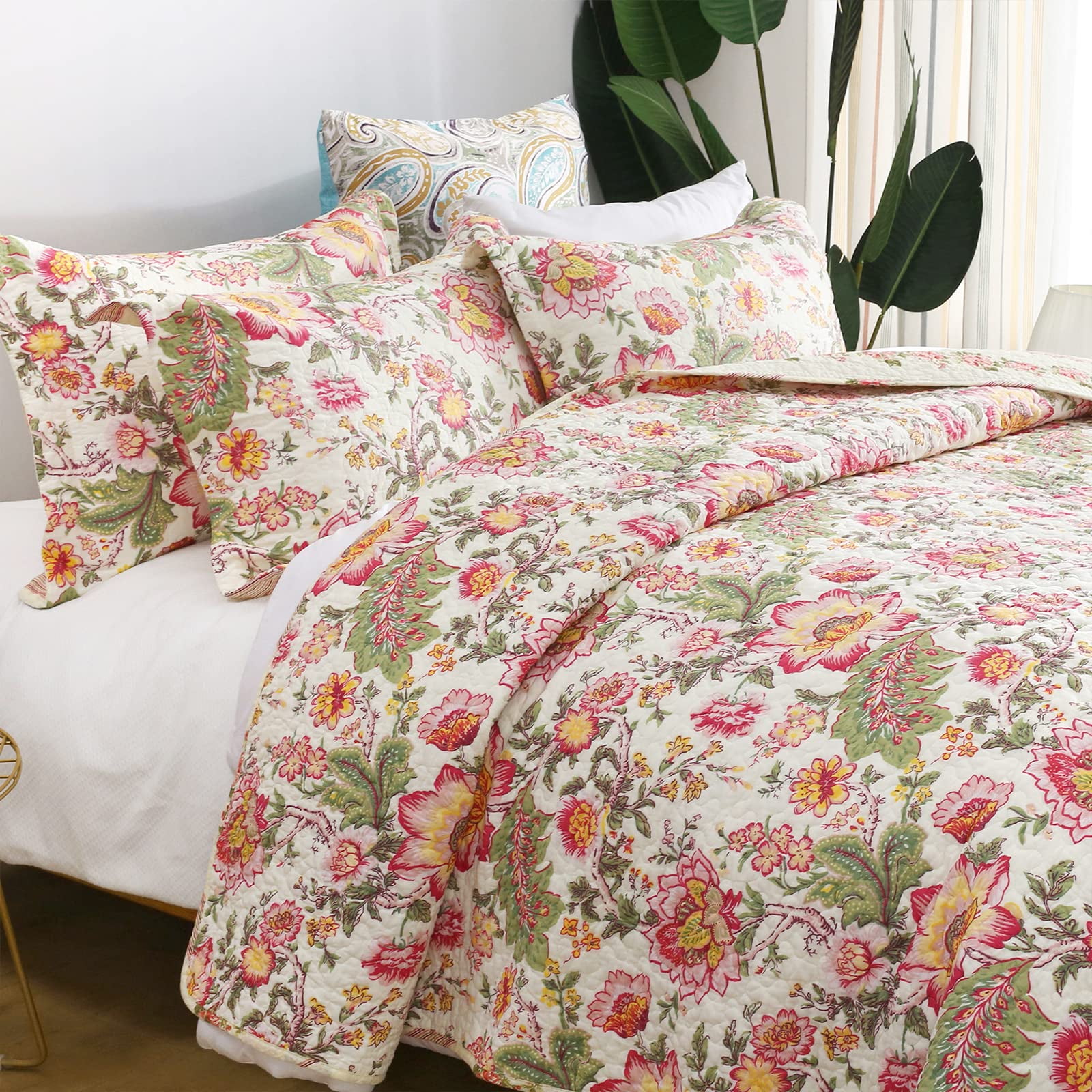 3 Piece Floral Quilt Sets King Size, Soft Lightweight Microfiber Bedspreads Reversible Coverlet