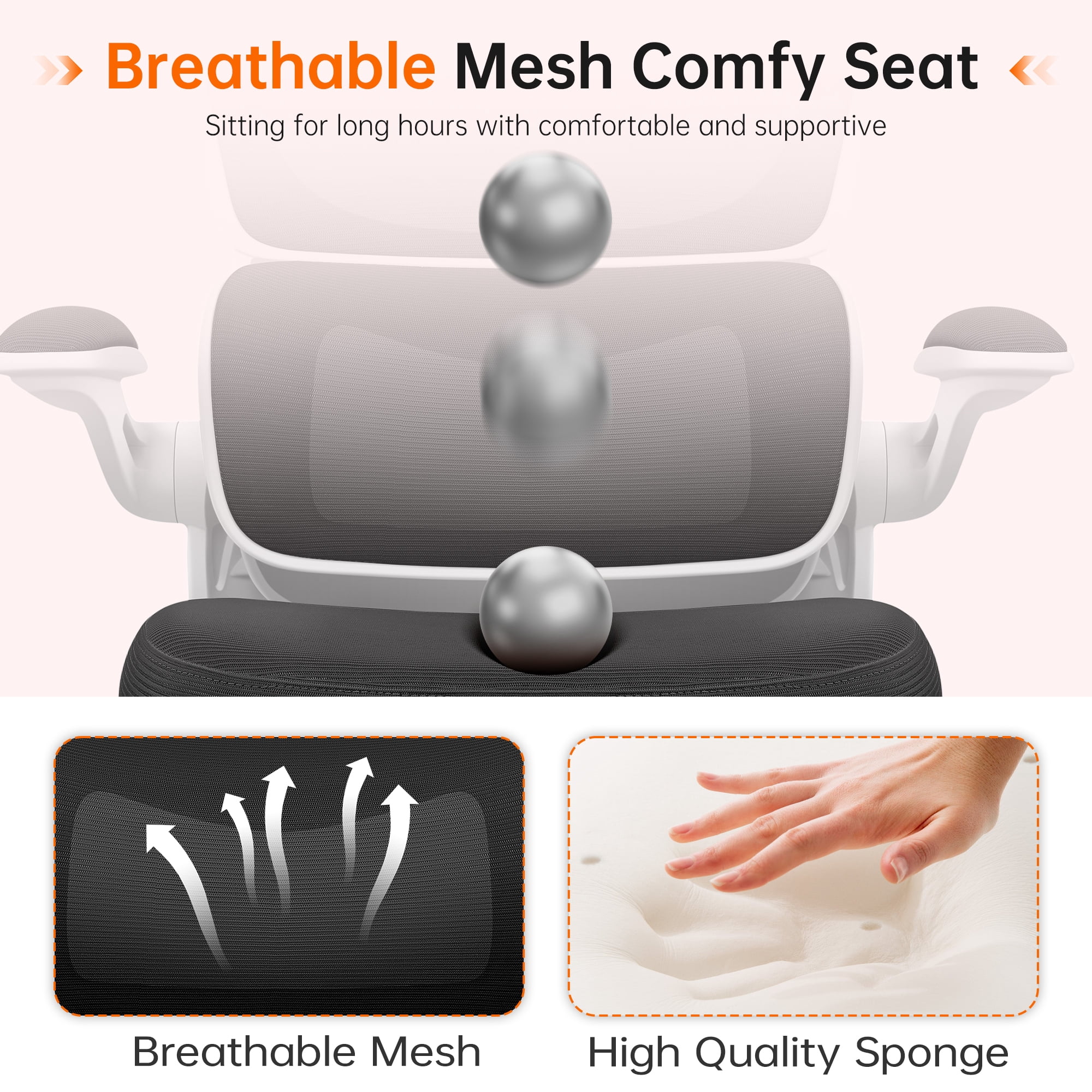 COOLHUT Office Chair, Ergonomic Desk Chair with Lumbar Support and Adjustable Armrests, Breathable Mesh Computer Gaming Chair, Reclining Task Chair for Home Office, Light Gray