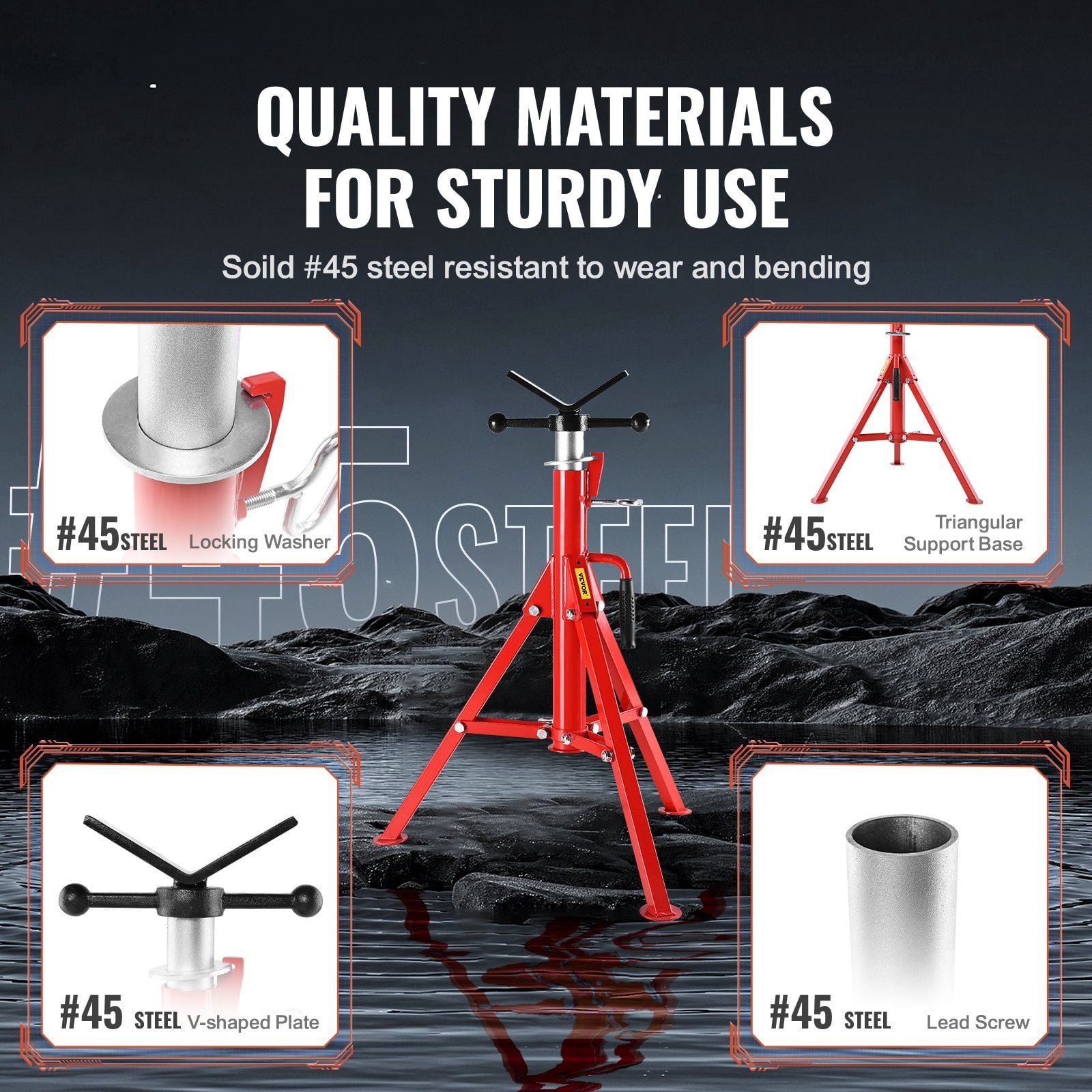 Adjustable Height V Head Pipe Stand 28-52 Inch 2500 LB Capacity Folding Portable Support for 1/2 to 12 Inch Steel Pipe Jack Stands