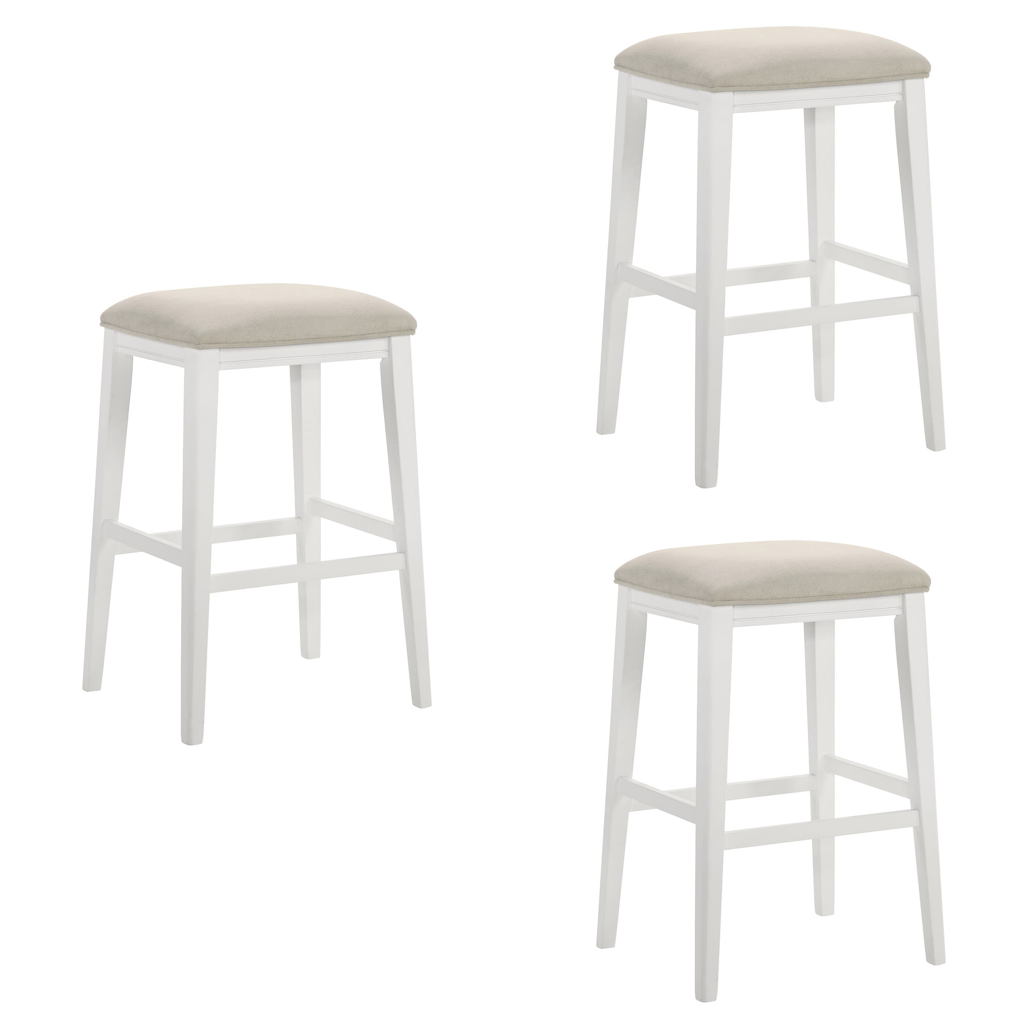 Jane Contemporary Transitional Wood Bar Height Kitchen Bar Stool in White Finish with Cream Fabric Upholstered Seat - Set of 3