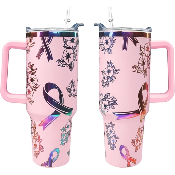 40 oz Breast Cancer Awareness Tumbler Gifts for Woman 40oz Laser Engraving Glitter Pink Ribbon Tumbler with Lid Straw Double Insulated Stainless Steel Insulated Cup