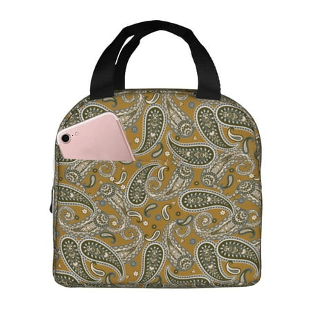 Insulated Lunch Bag for Women Men - Dark Yellow Green Paisley Leakproof Cooler Lunch Box for Women Men  Lunch Tote Bags for Work School Picnic Travel