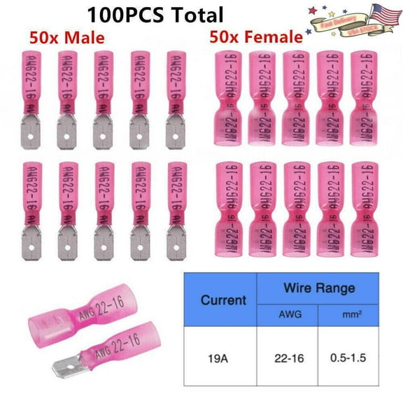 100X Waterproof 22-16AWG Heat Shrink Male Female Spade Terminal Wire Connectors