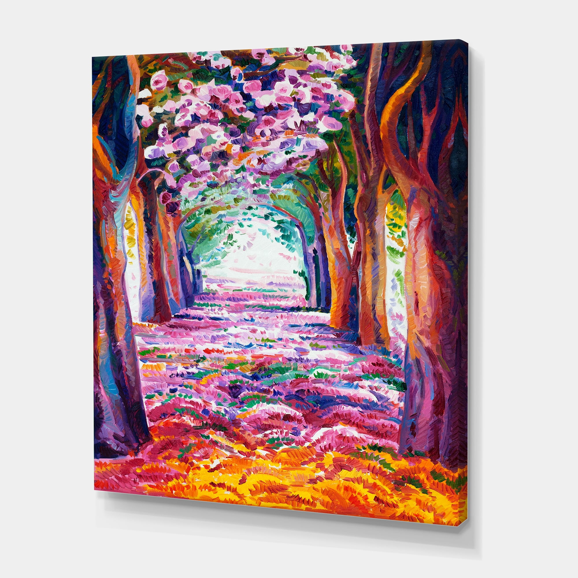 Designart ' Pink Flowering Colorful Spring Forest ' Lake House Canvas Wall Art Print