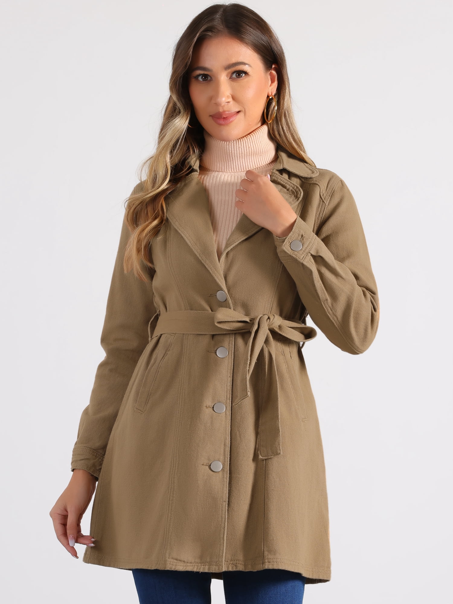 DARING DIVA Trench Jean Notched Lapel Long Sleeve Denim Jacket S Khaki