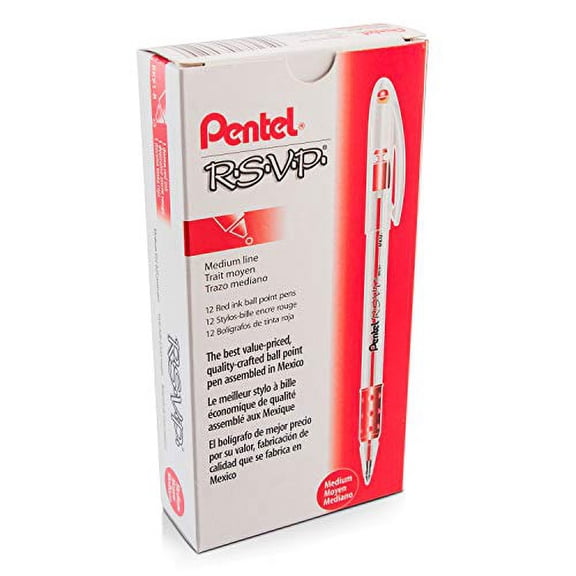 Pentel BK91B R.S.V.P. Stick Ballpoint Pen, 1mm, Trans Barrel, Red Ink (Pack of 12)