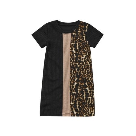 

Musuos Little Girls Summer Dress Short Sleeve Crew Neck Leopard Ribbed Patchwork Dress Girls Knee-Length Casual One-Piece