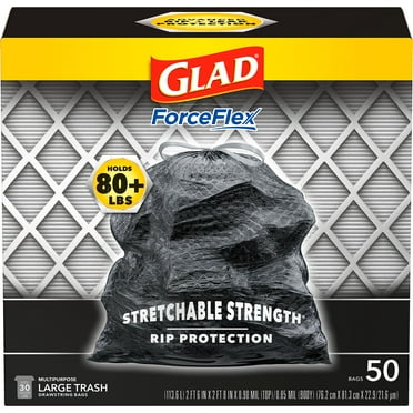 Glad Large Drawstring Trash Bags, Forceflex 30 Gallon Black Trash Bags, 50 Count