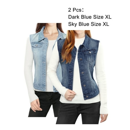 - Women Buttoned Washed w Flap Pockets Denim Vest Coat