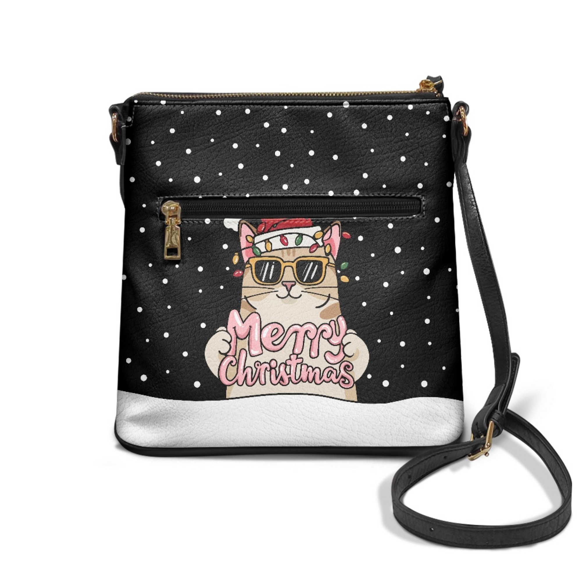 ZUXONGSY Christmas Cat Hat Lights Snowflake Print Shoulder Bag for Women PU Leather Crossbody Purse Trendy Satchel with Adjustable Wide Strap for Travel Shopping