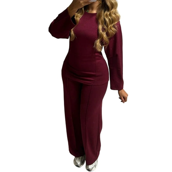 Women'S 2 Piece Lounge Sets Sweatshirt Casual Travel Outfits Fashion Wide Leg Tracksuit Cozy Sweatsuits Wine Red L