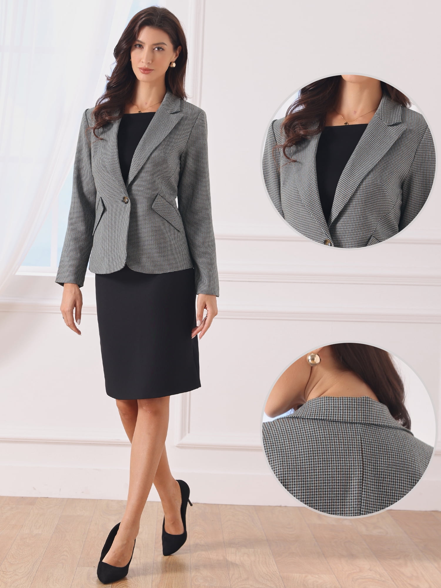 DARING DIVA Women's Houndstooth Lapel Collar One Button Jacket L Navy Blue