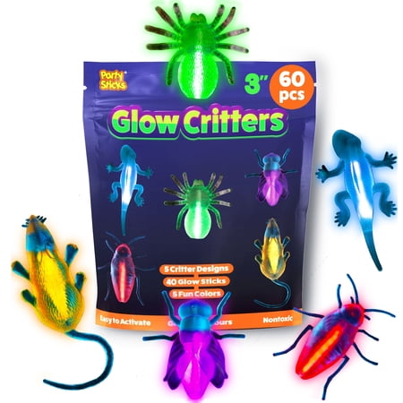 PartySticks Glow Critters Glow in The Dark Bug Toys and Glow (60 Pack, Multicolor)