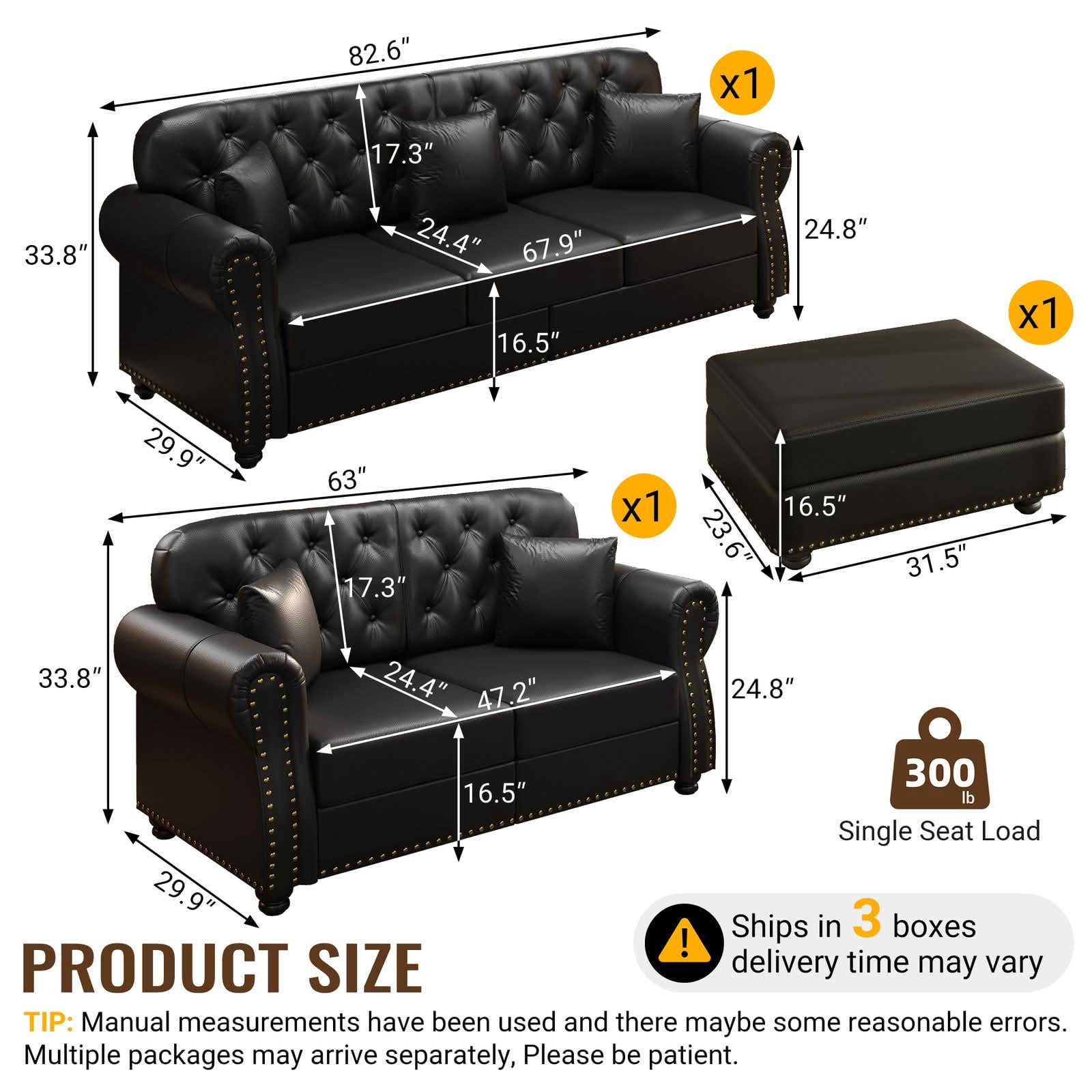 MAYEERTY Mid‑Century Modern Chesterfield Sofa Set, Faux Leather Upholstered 2+3 Seater Combination Couch with Button Tufted, Nailhead Trim & Rolled Armrests, Includes 5 Pillows