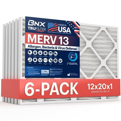 BNX TruFilter 12x20x1 Air Filter MERV 13 (6-Pack) - MADE IN USA - Electrostatic Pleated Air Conditioner HVAC AC Furnace Filters for Allergies, Pollen, Mold, Bacteria, Smoke, Allergen, MPR 1900 FPR 10
