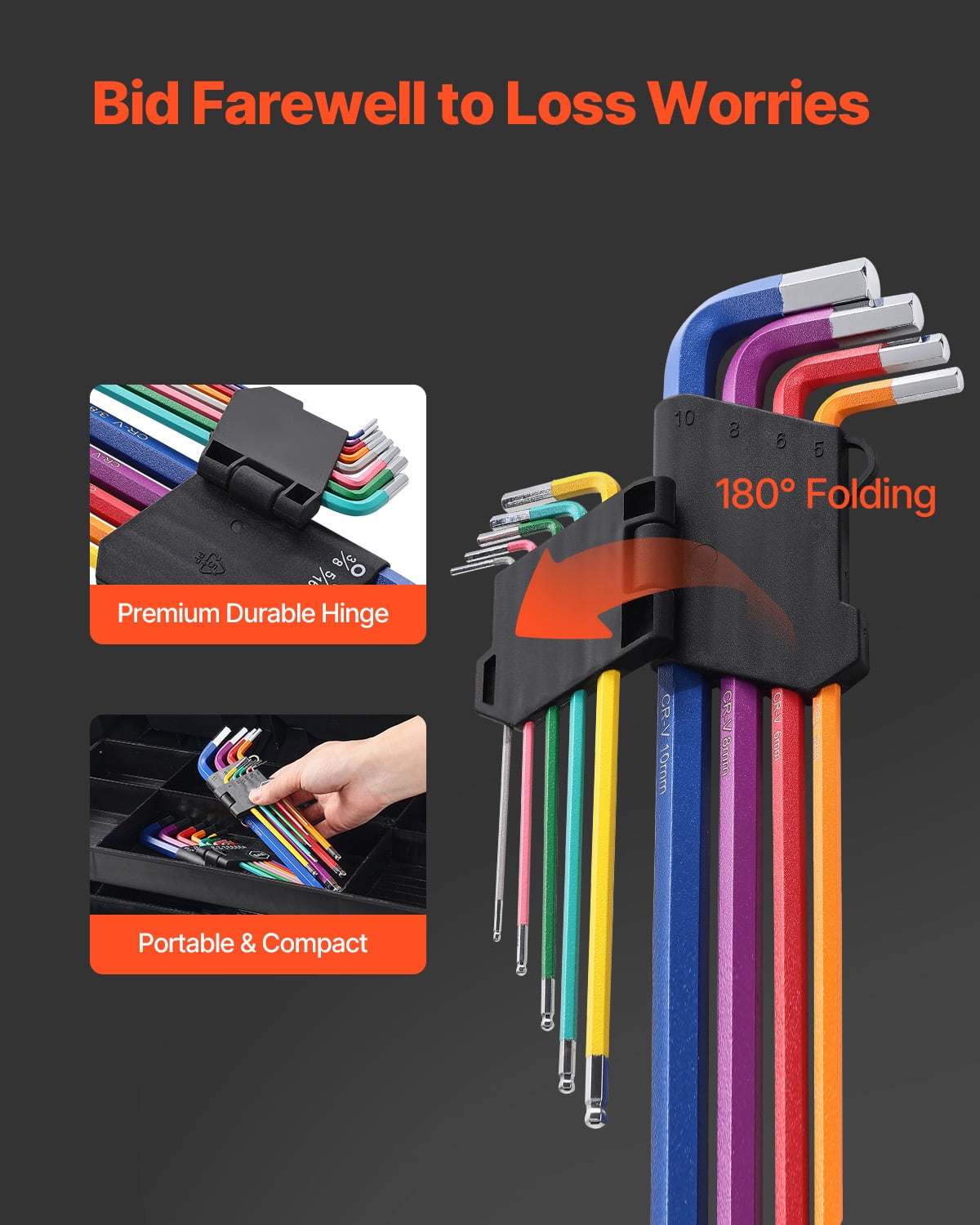 KFFKFF Hexagonal Key Wrench Kit, Set of 22, SAE (0.050-3/8 in) and Metric (1.5-10 mm), Color-Coded Wrench Sets with Ball End, Extended Arm L-Shape Hex Key for Bike, Home, Car Maintenance