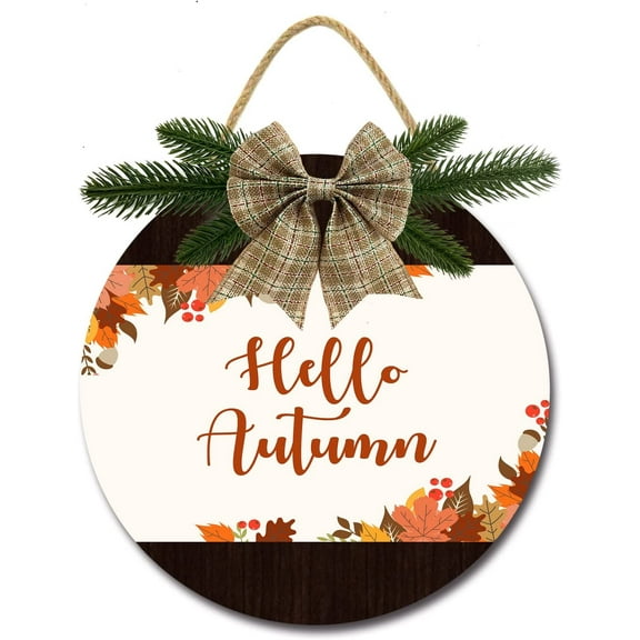 Eveokoki 12" Hello Autumn Signs Home for Front Door Farmhouse Porch Rustic Round Wooden Hanging Wreaths for Housewarming Gift Festival Decoration Outdoor Indoor Wall Decor