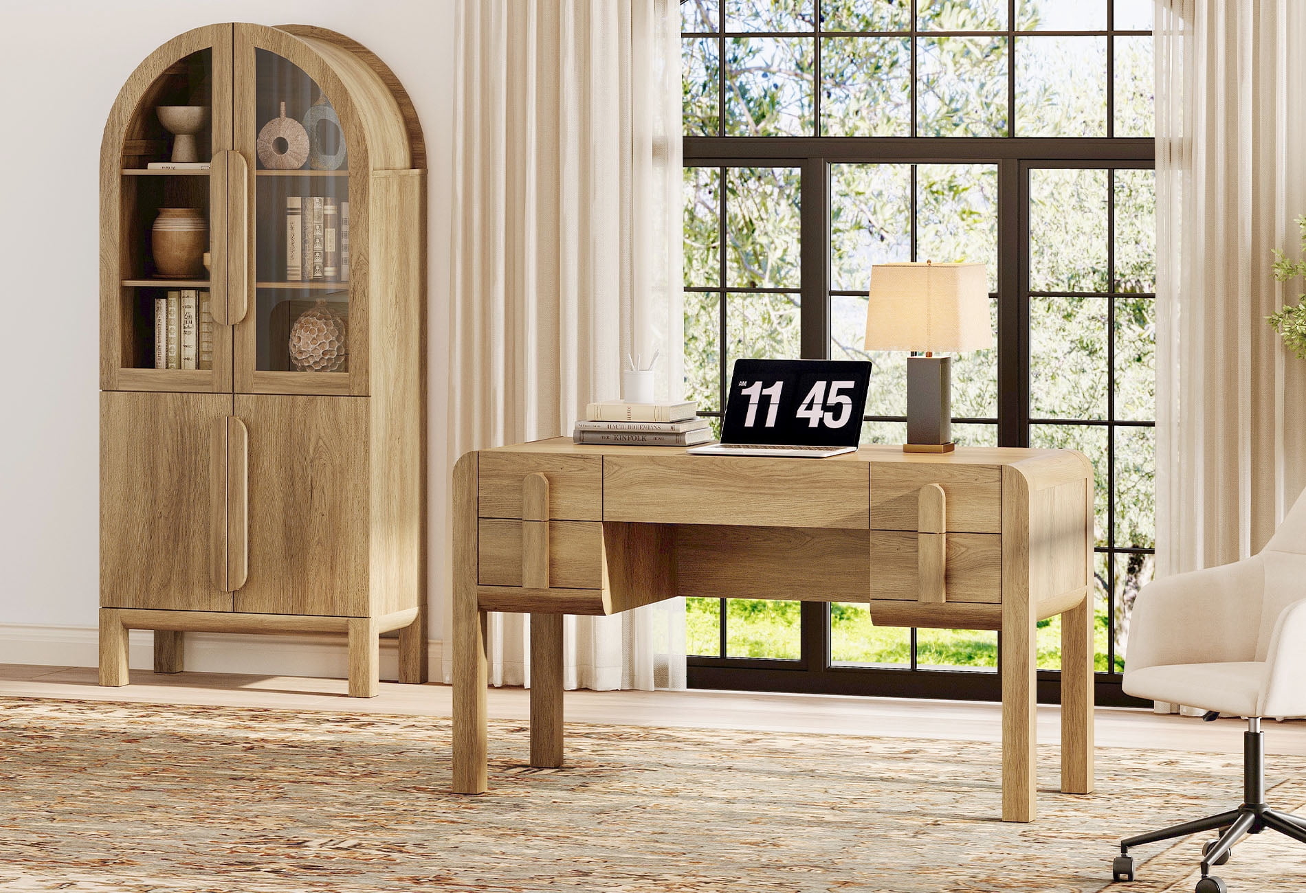 2 Piece Office Set, 53.5" Modern Executive Desk with Charging Station and Drawers & 71"H Tall 5-Tier Arched Bookcases with Glass Door for Living Room, Bedroom, Home Office