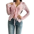 thumbnail image 2 of Women'S V Neck Lace Sheer Top Mesh See Through Shirts Open Front Tie Long Sleeve Blouses Y2k Going Out Tops Pink S, 2 of 9