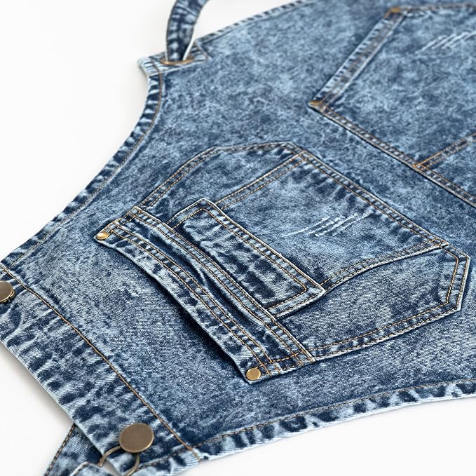 Washed denim canvas apron, shoulder strap skirt, work clothes, workwear, waist circumference, milk tea shop-Denim Blue