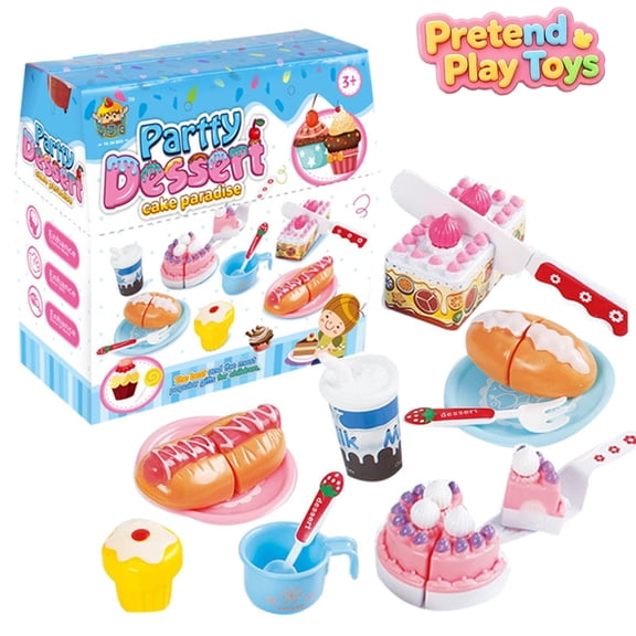 Cuttable Dessert Cake Pretend Play Toys, Toddler Kids Party Bakery Food Playset with Pretend Pastry Hot Dog Drinks Tableware,Learning Toy, Imaginative Baking Role Play Kit for Boys Girls Ages 3
