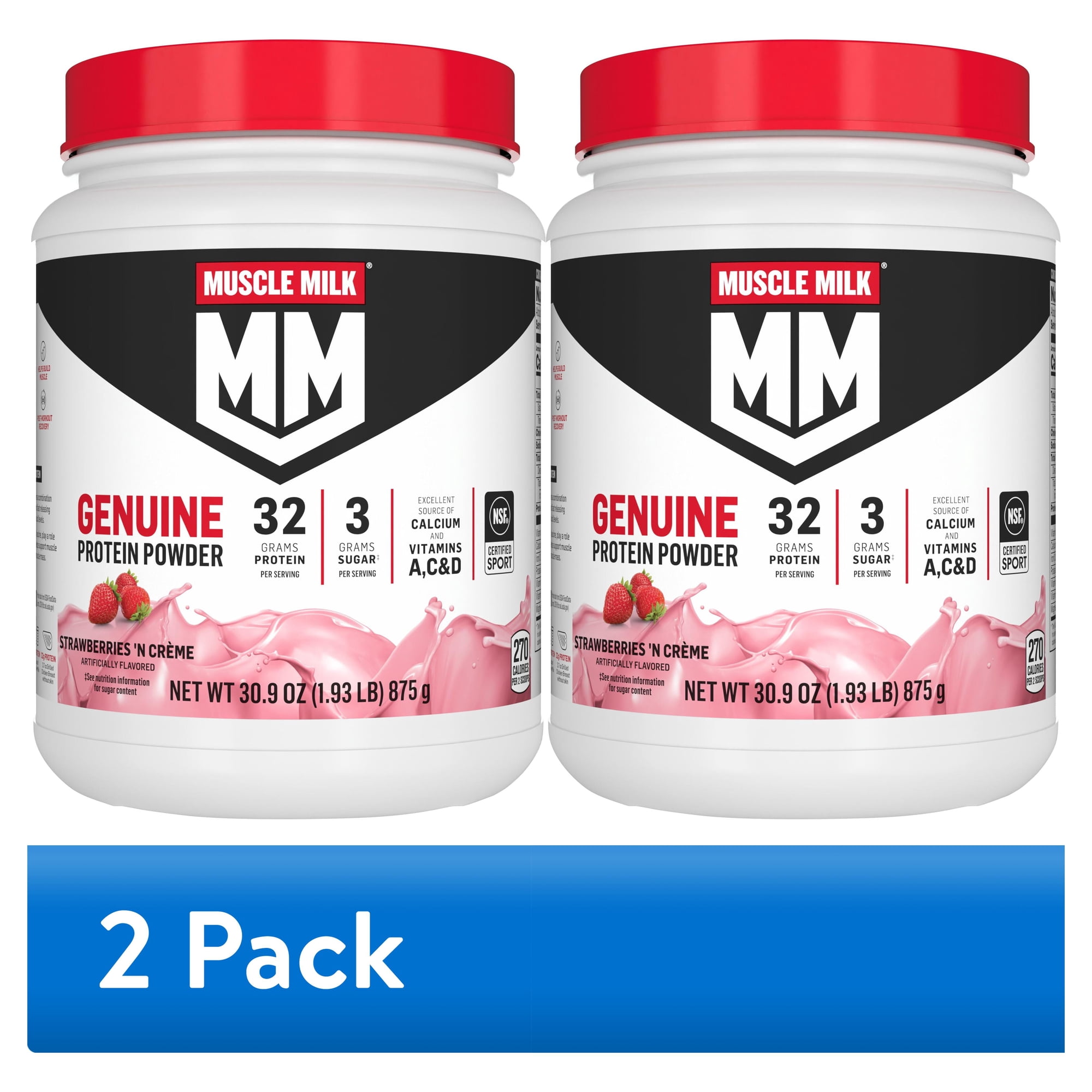 (2 pack) Muscle Milk Genuine Protein Powder, Strawberries 'N Crème, 32g Protein, 1.93lb, 30.9oz