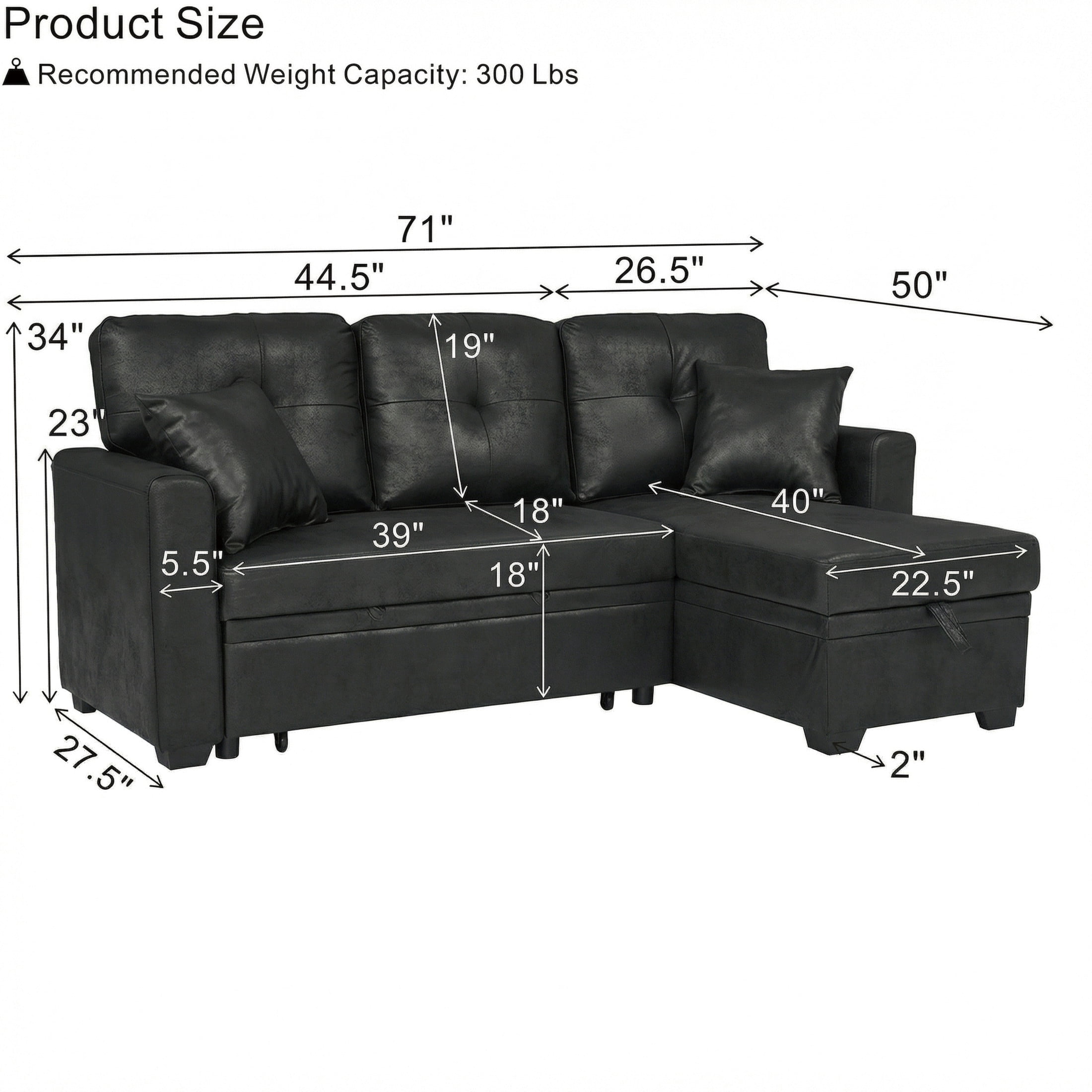 Noble House Sleeper Sectional Sofa with Pull-Out Bed, Reversible Storage Chaise, Foil Fabric, Black