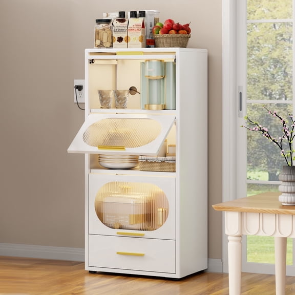 3-Tier Metal Kitchen Storage Cabinet with Drawer, Freestanding Microwaves Rack, Flip-up Acrylic Doors for Living Room & Dining Room, White