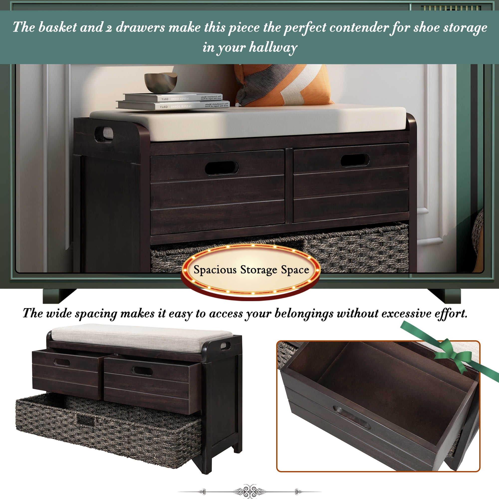 Aukfa Wood Storage Bench with Removable Basket and 2 Drawers for Entryway - Espresso