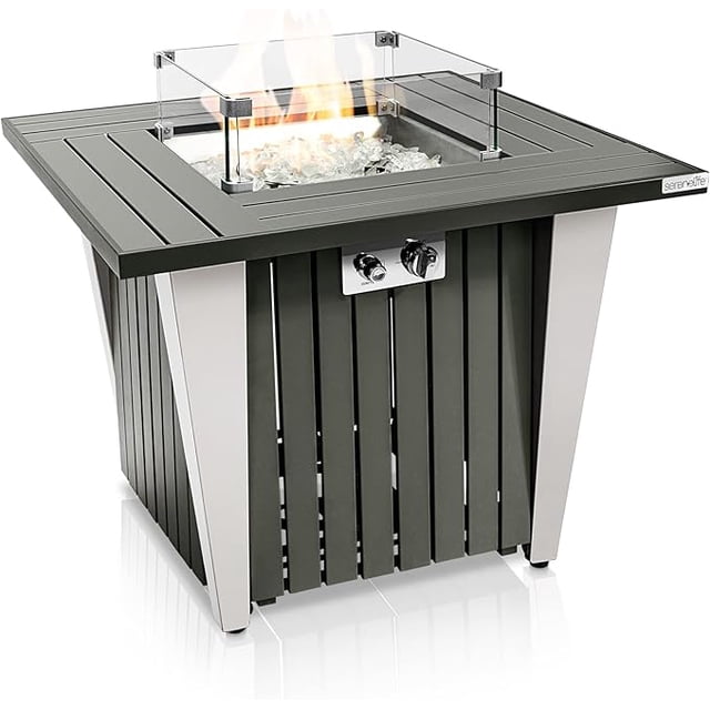 SereneLife Table de Foyer au Propane Extérieur - Certifié CSA/ETL 50,000 BTU Allumage par Impulsion Table de Feu au Propane Carrée Résistante aux Intempéries avec Flamme Réglable - Pare-Vent en Verre, Roches en Verre - SLFPX69