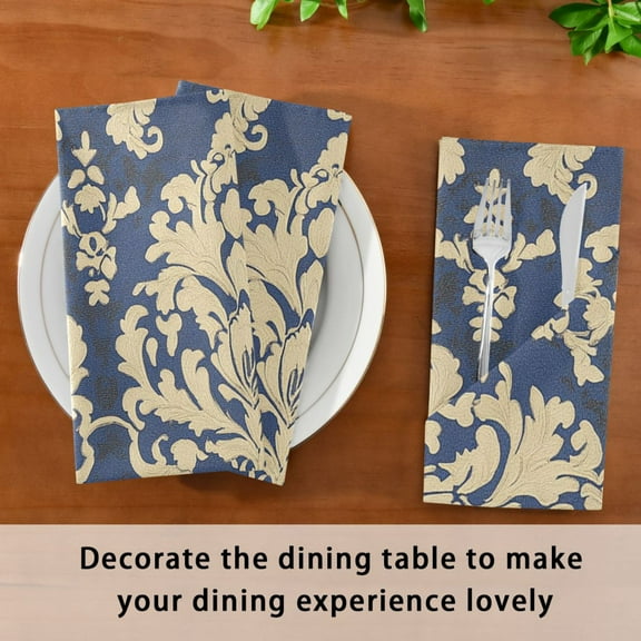 Satin Native Fab Cotton Dinner Napkin Navy and Cream Damask Elegance Reusable